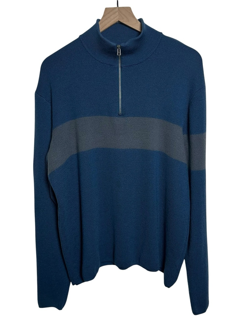 Ibex 1/4 Zip Sweater Laine Merino Wool Mens XL Blue Gray Striped Colorblock